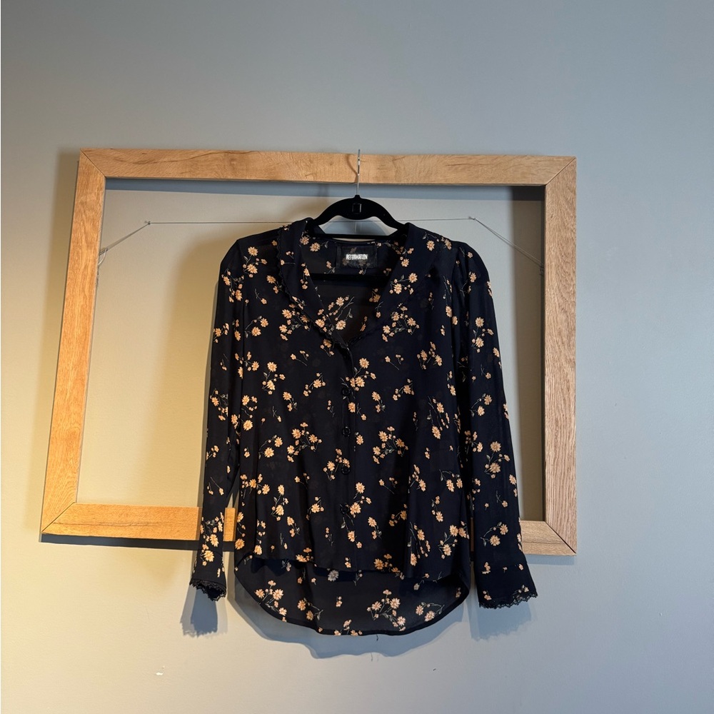 Reformation Black Floral Button-Up Blouse with Cream Blossoms